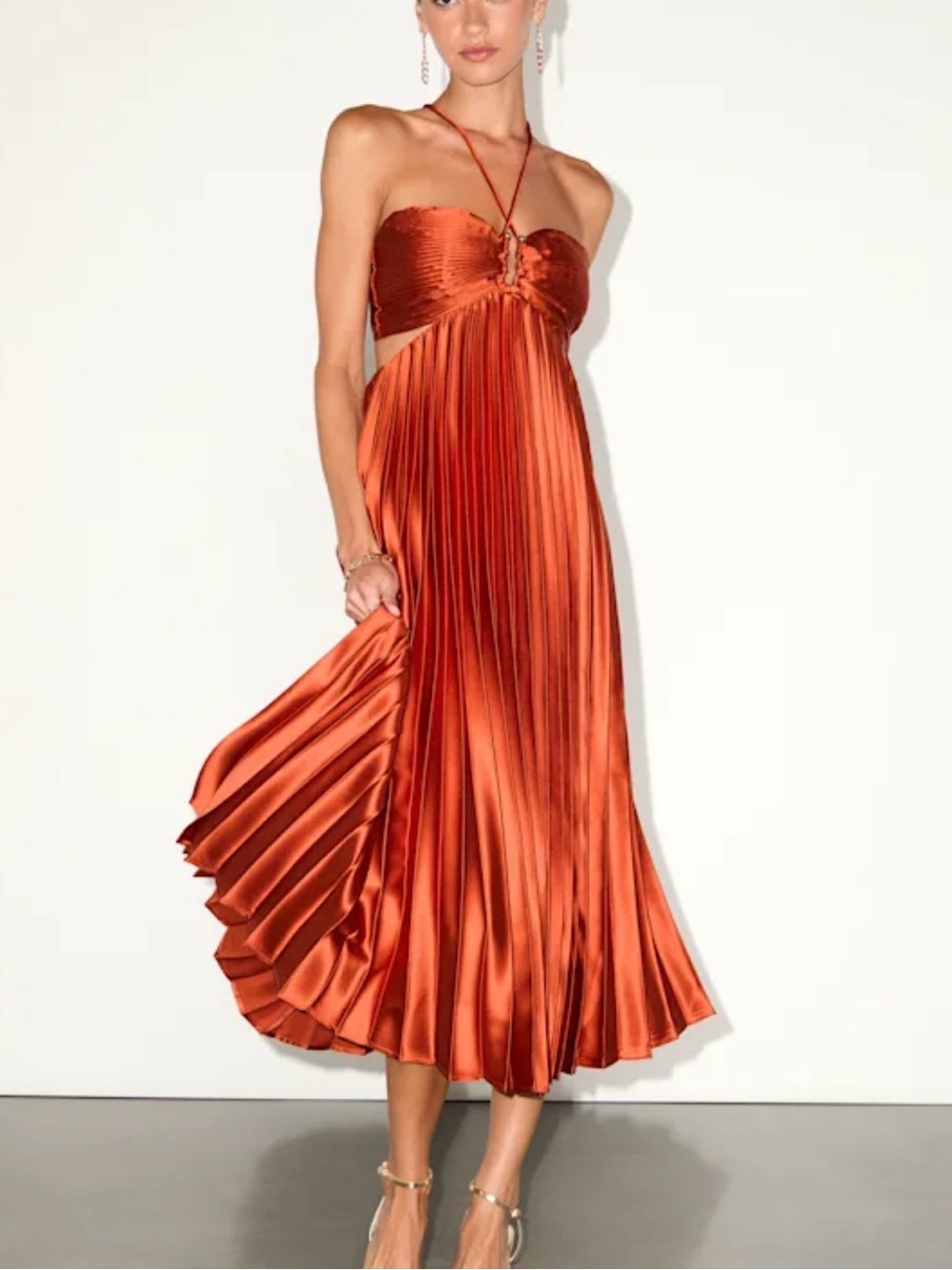 NWT Lulus Aerin Rust Satin Pleated Cutout Midi Dress